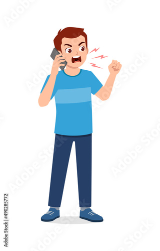 young man feel angry and scream to phone