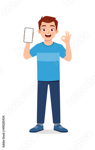 young man show phone screen and show ok gesture