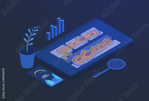 Website Heatmap Insights and Behavior Analytic Digital Tools illustration. Heatmap and page speed website seo optimization tracking tools isometric concept