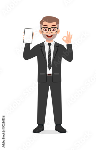 young man show phone screen and show ok gesture