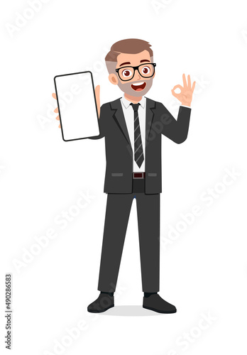 young man show phone screen and show ok gesture