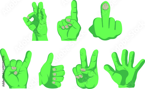 A set of 7 hand gestures in green comic style. Thumbs up victory palm middle finger one rock and ok sign.