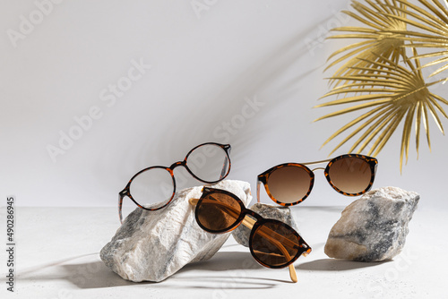 Trendy sunglasses of different design and eyeglasses on gray background with golden palm leaf. Copy space for text. Sunglasses and spectacles sale concept. Optic shop promotion banner. Eyewear fashion