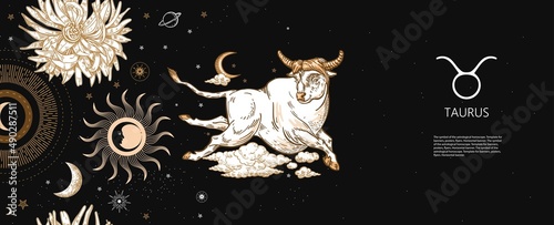 Taurus zodiac sign. The bull flies in the clouds. Astrology. Graphics.