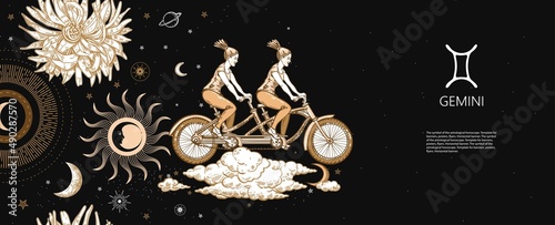 Gemini zodiac sign. Two girls ride a bike on the clouds. Astrology.