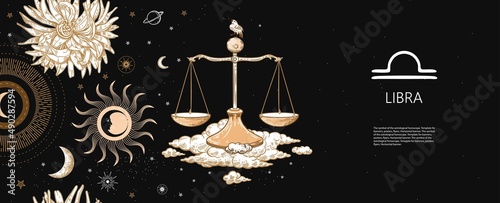 Libra. Zodiac sign. Scales among the clouds. Astrology. Graphics. Freehand drawing.