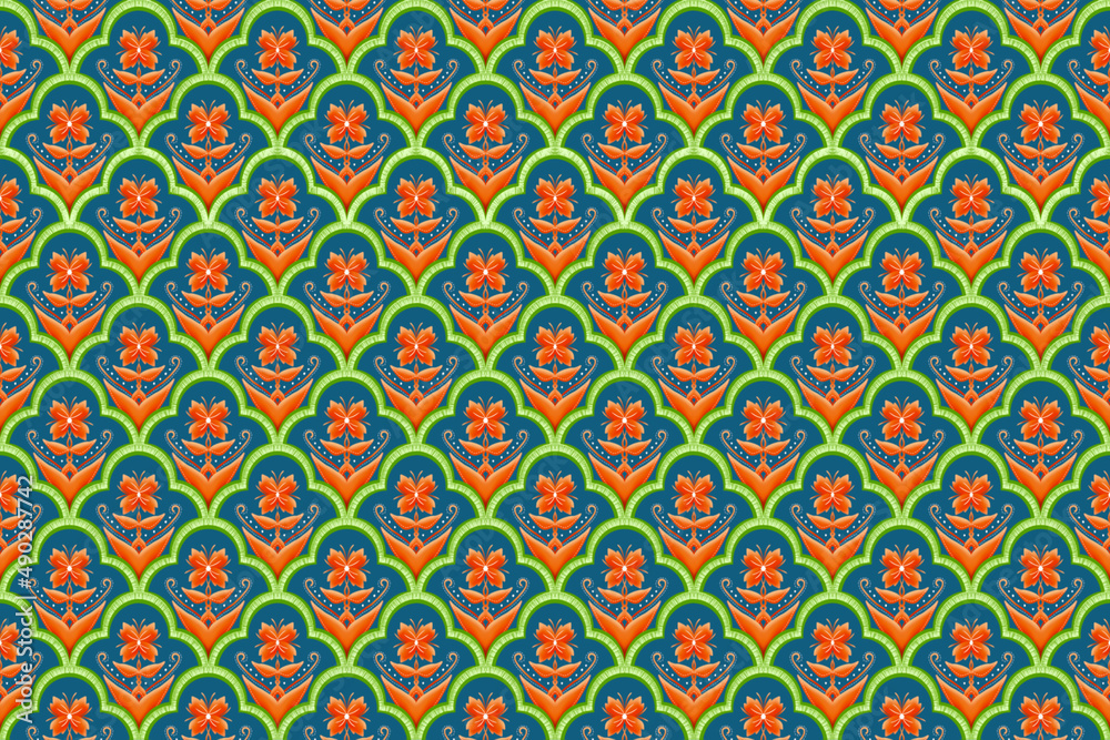 Orange Flower on Indigo Blue, Green Geometric ethnic oriental pattern traditional Design for background,carpet,wallpaper,clothing,wrapping,Batik,fabric, illustration embroidery style