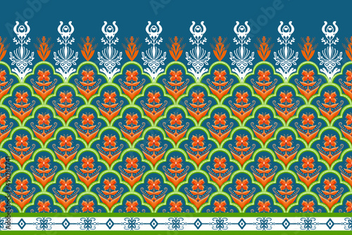 Orange Flower on Indigo Blue, Green Geometric ethnic oriental pattern traditional Design for background,carpet,wallpaper,clothing,wrapping,Batik,fabric, illustration embroidery style