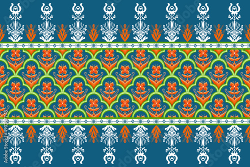 Orange Flower on Indigo Blue, Green Geometric ethnic oriental pattern traditional Design for background,carpet,wallpaper,clothing,wrapping,Batik,fabric, illustration embroidery style