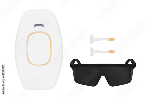 Home IPL device for Laser Hair Removal at home with Safety Glasses and razor. Beauty equipment with blank logo for mockup.