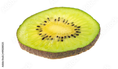 One falling kiwifruit slice isolated on the white background.
