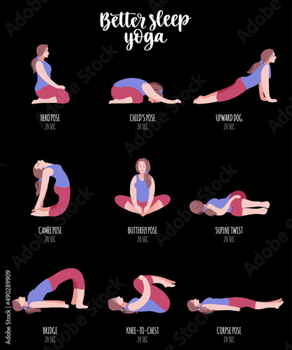 Better sleep yoga. Poses for good rest. Fitness exercises girl.