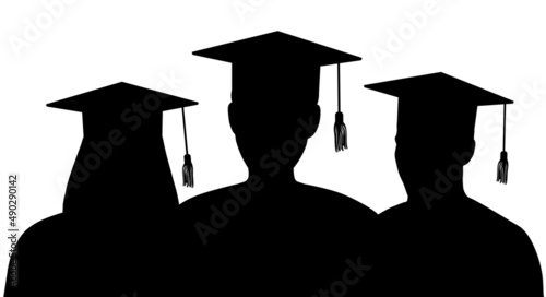 Silhouettes of graduates in graduation caps stand behind each other. Vector illustration