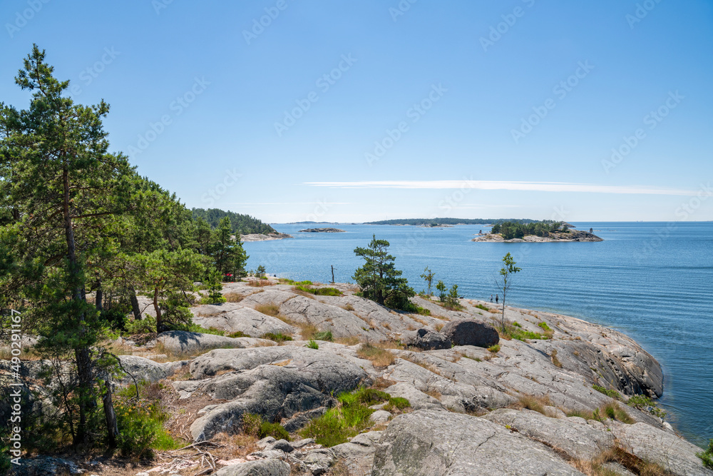 The rocky view of Porkkalanniemi and view to the Gulf of Finland and island on the background, Finland