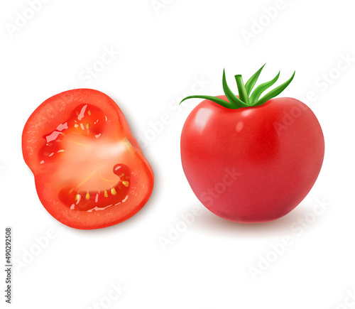A set of tomatoes. Tomatoes whole and half cut on a white background. Vector cartoon illustration. Fresh red Vegetable, vegetarian, vegan Healthy organic food