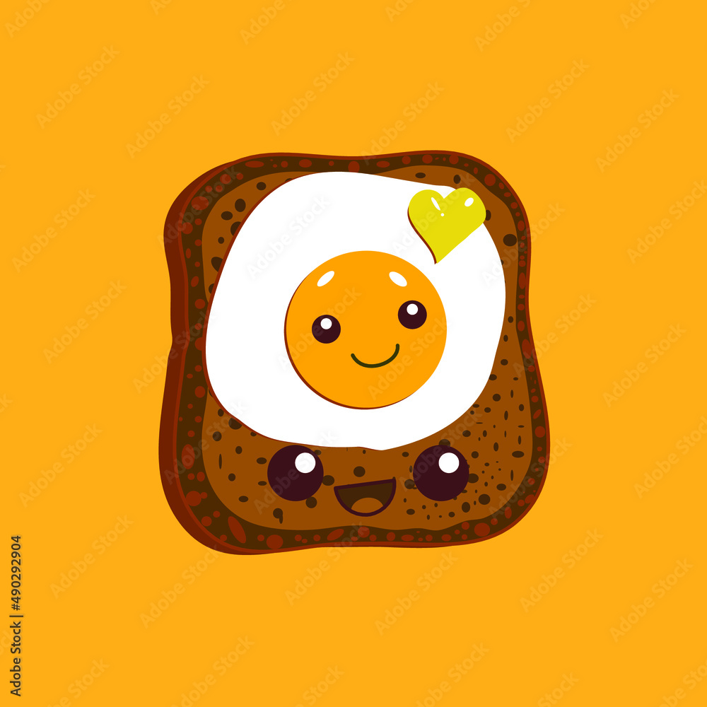 Cartoon toast bread and happy fried egg in kawaii style. Vector Illustration. Cartoon toast bread and happy fried egg in kawaii style. Vector Illustration.