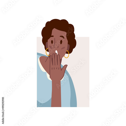 Curious female personage with open mouth, shocked woman looking in distance. Vector isolated girl portrait, wow gesture facial expression of surprise and discovery. Flat cartoon style character