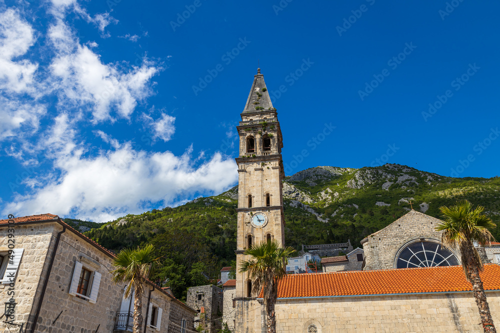 Old tower in Perast historical town, Montenegro