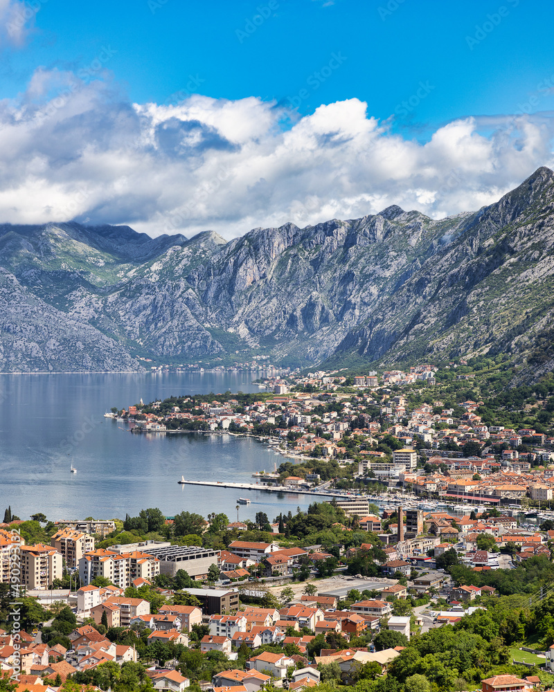 Famous town of Kotor view surrounded by rocky mountains of Montenegro