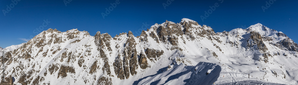 Panoramic view of rocky mountains peaks in Tetnuldi ski resort, Svaneti region of Georgia