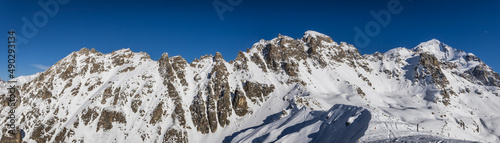 Panoramic view of rocky mountains peaks in Tetnuldi ski resort, Svaneti region of Georgia