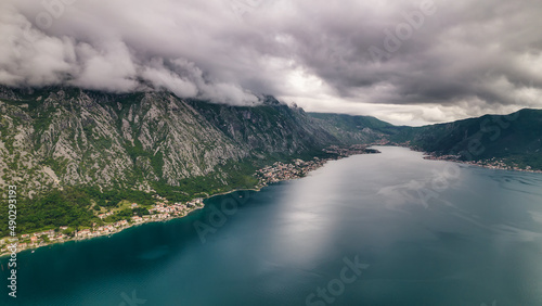 Aerial view of amazing Kotor Bay and huge mountains in Montenegro