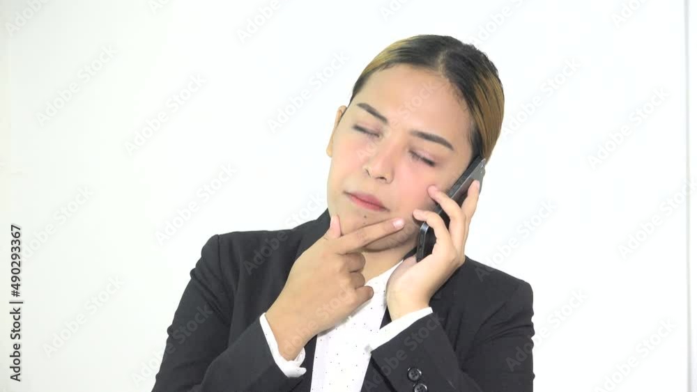 Asian Business Woman Thinking On Mobile Phone Asian Business Woman Thinking On Mobile Phone