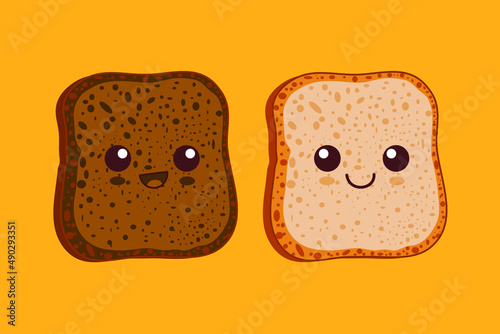 Cartoon toasts bread in kawaii style. Vector Illustration.