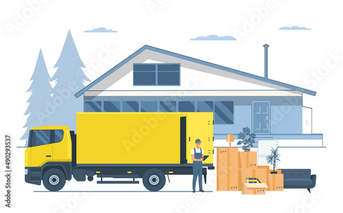 Concept for a moving service. Truck, things, house and employee. Vector illustration.