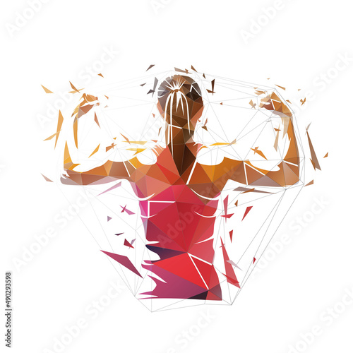 Athletic young woman showing muscles on her back and arms. Low polygonal isolated vector illustration, geometric drawing from triangles. Fitness logo
