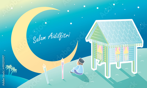 A Raya festival vector with serene village feels. The words "Salam Aidilfitri" means happy Hari Raya.