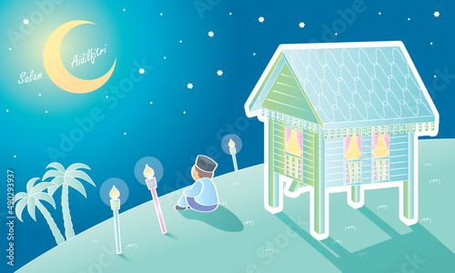 A Raya festival vector with serene village feels. The words 