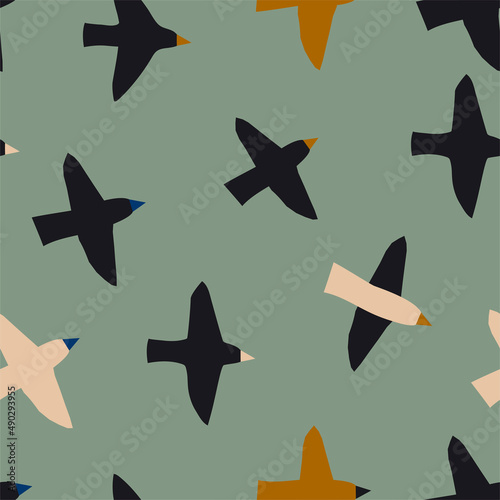 Stylish minimalism seamless pattern with rooks on grey green background . Modern print with rooks in minimalism scandinavian style for textiles, wallpapers, designer paper, etc