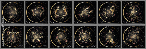 Zodiac signs icons set on dark background. Shiny golden zodiac constellations icons. Vector illustration