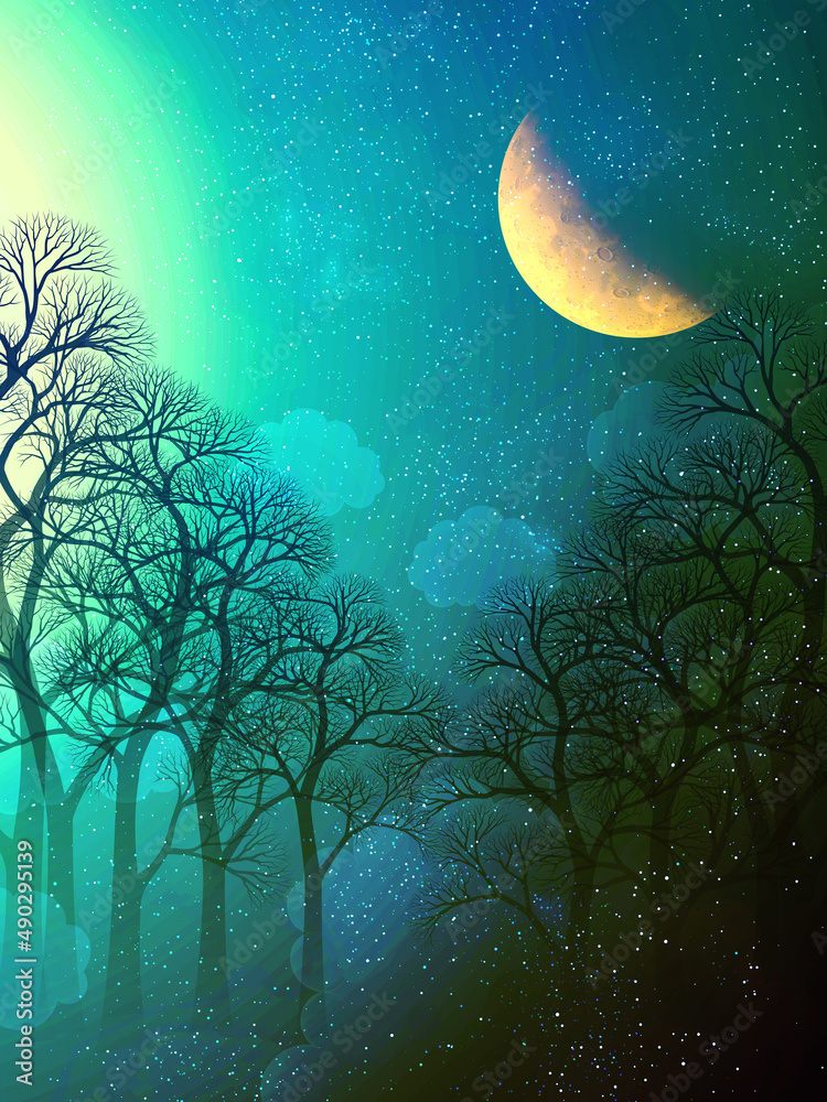 Green night sky with trees and half moon background mobile phone ...