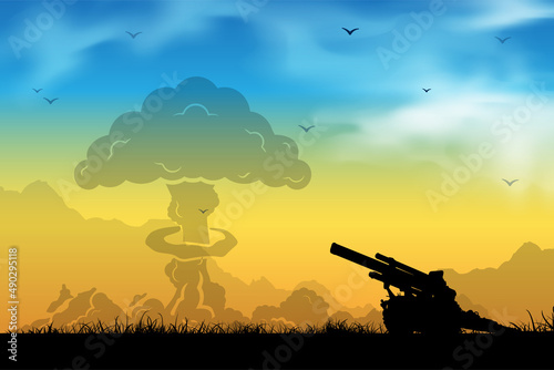 Silhouette of cannon with explosion isolated on sunset background. Cannon ball explosion background. 