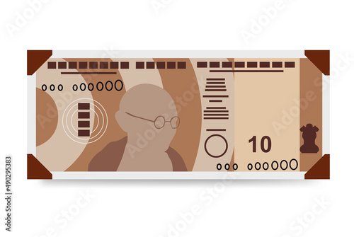Indian Rupee Vector Illustration. India, Bhutan money set bundle banknotes. Paper money 10 INR. Flat style. Isolated on white background. Simple minimal design.