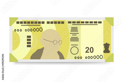 Indian Rupee Vector Illustration. India, Bhutan money set bundle banknotes. Paper money 20 INR. Flat style. Isolated on white background. Simple minimal design.