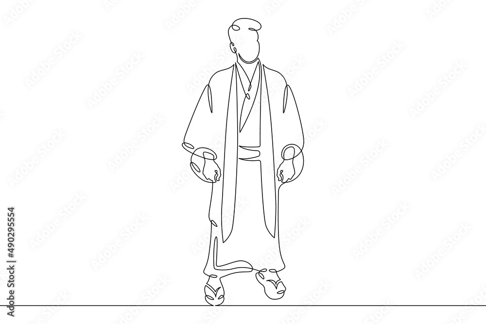 One continuous line.Japanese man character in traditional folk national clothes yukata and hakama. National clothes of Japan.Continuous line drawing.Line Art isolated white background.