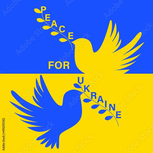 Peace  for Ukraine. Vector illustration with  two Pigeons Praying Peace for Ukraine. Stop the war.