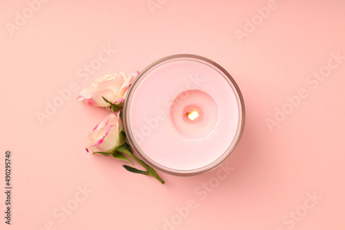 Concept of relaxation with aroma candle, top view
