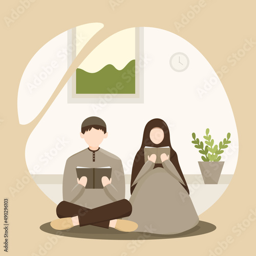 Muslim couple reading Quran illustration