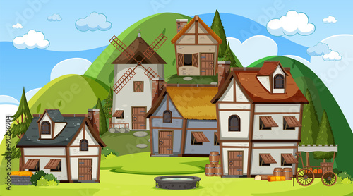 Medieval town scene with villagers