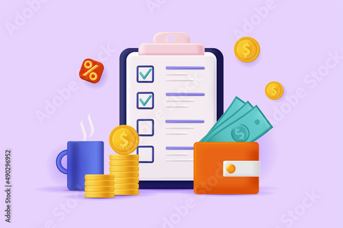 Budget planning concept 3D illustration. Financial analysis and accounting, writing checklist with costs and income, saving money and calculating. Vector illustration for modern web banner design