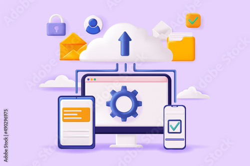 Cloud computing concept 3D illustration. Online data storage, exchange and transfer of information or files between different gadgets, cloud computing. Vector illustration for modern web banner design