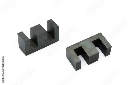 Ferrite cores for transformers isolated on white background. Two perspectives.