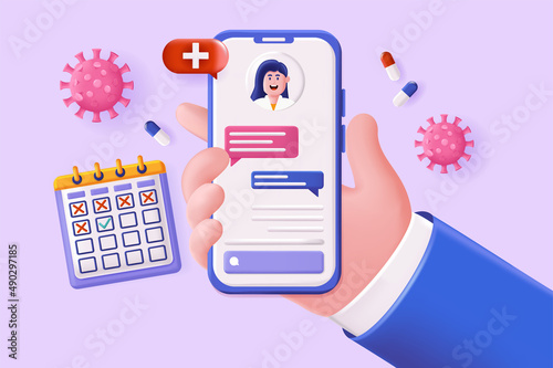 Online medical service concept 3D illustration. Online chat with doctor in mobile application interface, consultation and appointment during illness. Vector illustration for modern web banner design