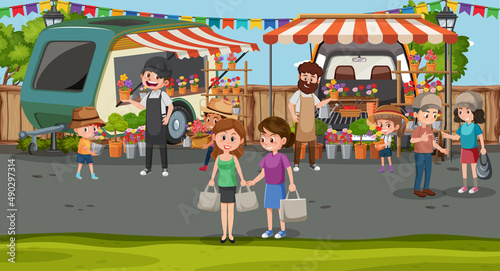 Flea market scene in cartoon style