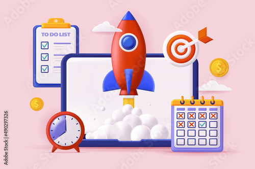 Startup launch concept 3D illustration. Starting new business, planning work tasks, deadline and time management, targeting and achieving success. Vector illustration for modern web banner design