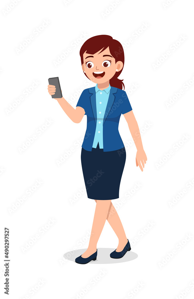 young worker woman walking and using phone